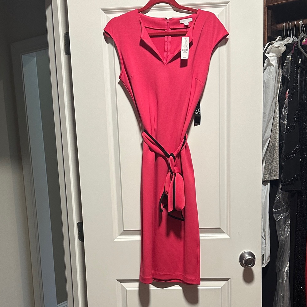 New York & Company Red Sheath Midi Dress V-Neck Cap Sleeve